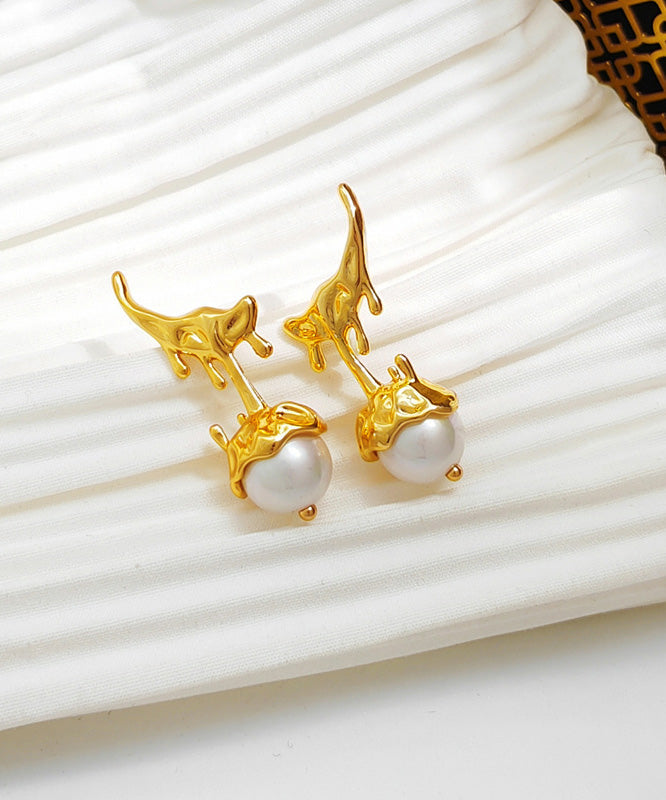 Beautiful Gold Copper Overgild Glass Pearl Stud Earrings