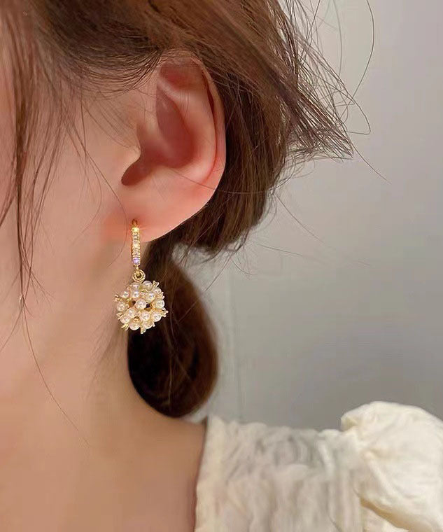 Beautiful Gold Metal Overgild Pearl Zircon Ball Drop Earrings