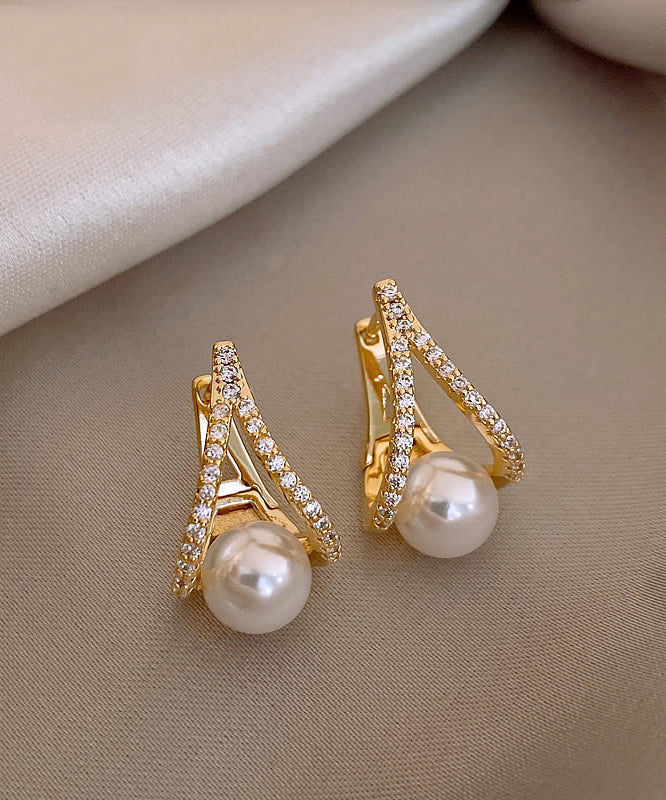 Beautiful Gold Sterling Silver Alloy Pearl Zircon Stud Earrings