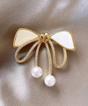 Beautiful Gold Sterling Silver Alloy Zircon Bow Pearl Brooches