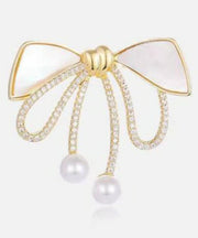 Beautiful Gold Sterling Silver Alloy Zircon Bow Pearl Brooches