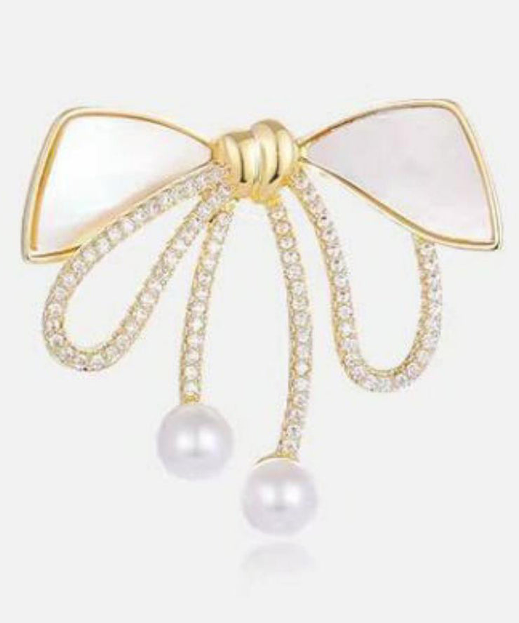 Beautiful Gold Sterling Silver Alloy Zircon Bow Pearl Brooches