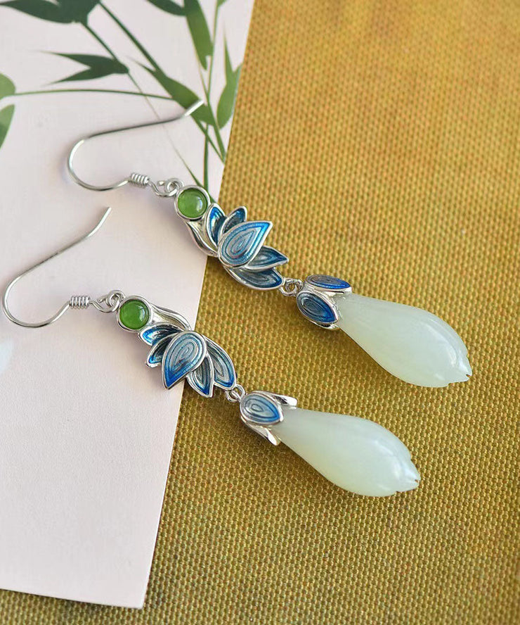 Beautiful Gold Sterling Silver Inlaid Jade Orchid Enamel Drop Earrings