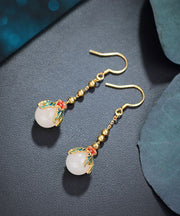 Beautiful Gold Sterling Silver Jade Enamel Floral Drop Earrings