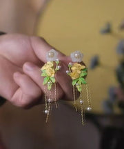 Beautiful Gold Sterling Silver Overgild Jade Floral Tassel Drop Earrings