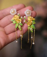 Beautiful Gold Sterling Silver Overgild Jade Floral Tassel Drop Earrings