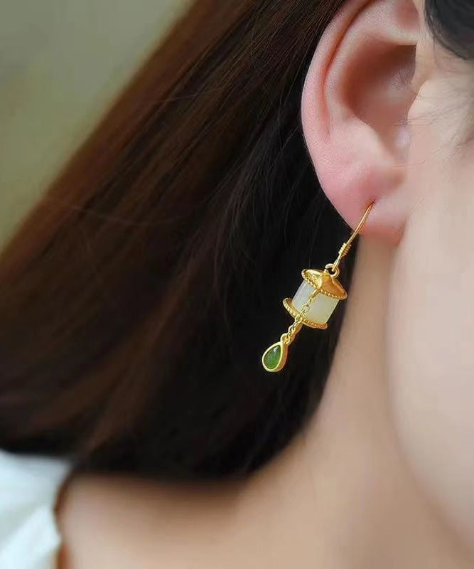 Beautiful Gold Sterling Silver Overgild Jade Tassel Drop Earrings