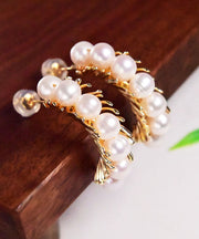 Beautiful Gold Sterling Silver Overgild Pearl Hoop Earrings