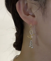 Beautiful Gold Sterling Silver Overgild Zircon Bow Tassel Drop Earrings