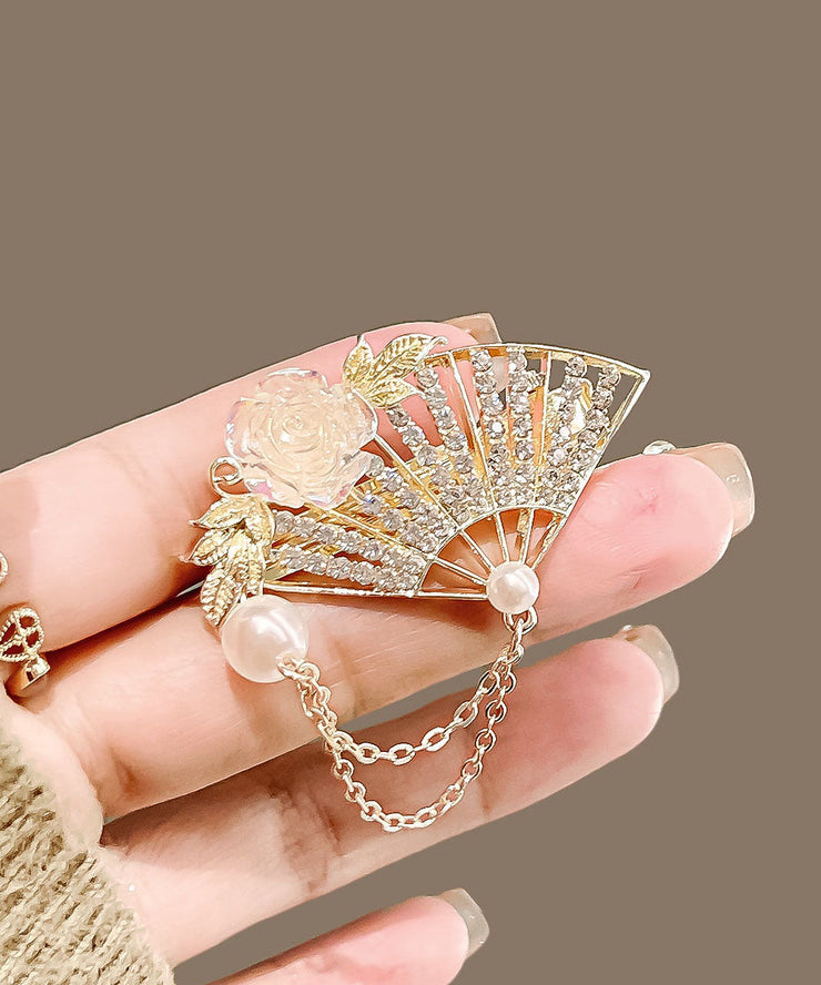 Beautiful Golden Yellow Alloy Crystal Pearl Floral Fan Tassel Duck Mouth Hairpin