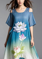 Beautiful Gradient Color Cold Shoulder Lotus Print Cotton Dress Summer