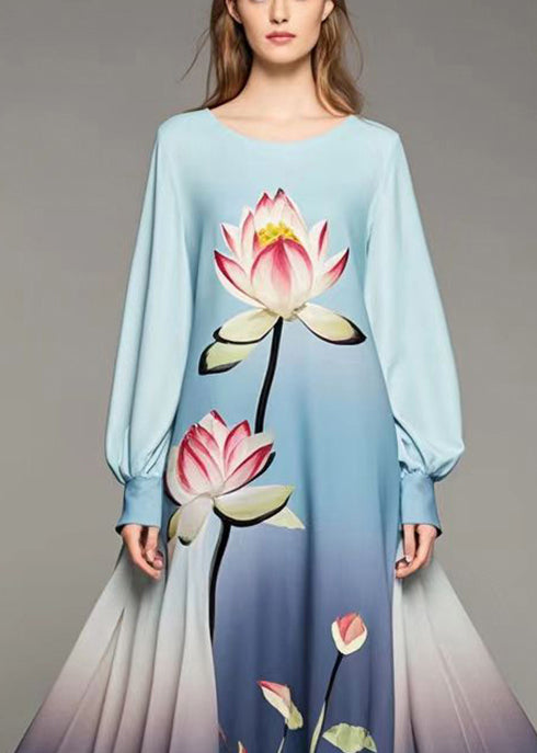 Beautiful Gradient Color Lotus Print Chiffon Dress Fall