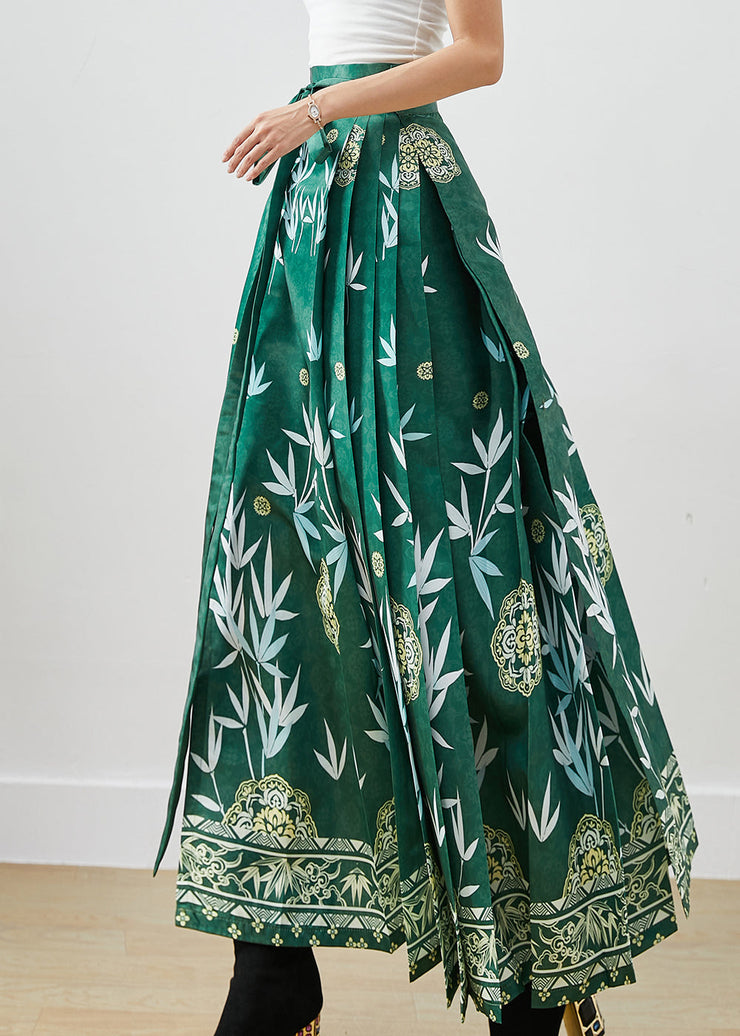 Beautiful Green Bamboo Leaf Print Exra Large Hem Silk Pleated Skirts Fall