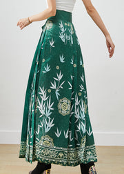 Beautiful Green Bamboo Leaf Print Exra Large Hem Silk Pleated Skirts Fall