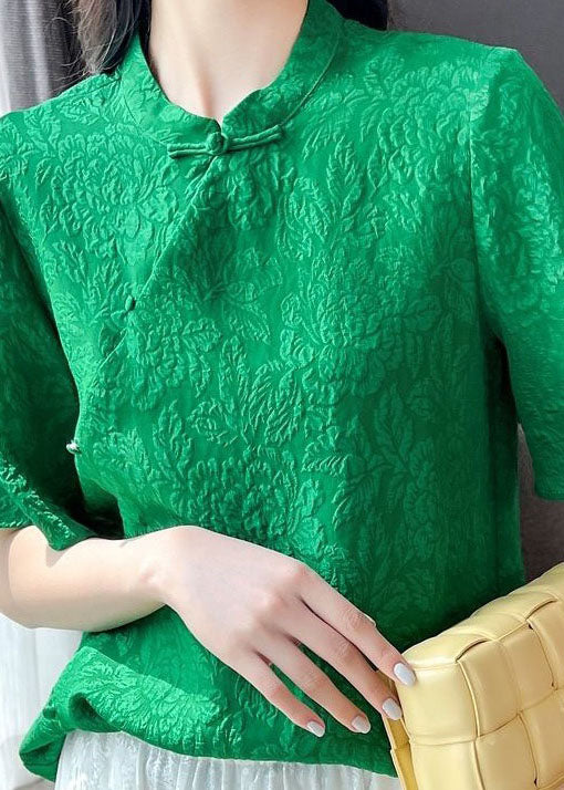 Beautiful Green Chinese Button Jacquard Patchwork Silk Blouse Tops Short Sleeve