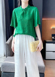 Beautiful Green Chinese Button Jacquard Patchwork Silk Blouse Tops Short Sleeve