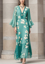 Beautiful Green Cinched Print Chiffon Dress Flare Sleeve