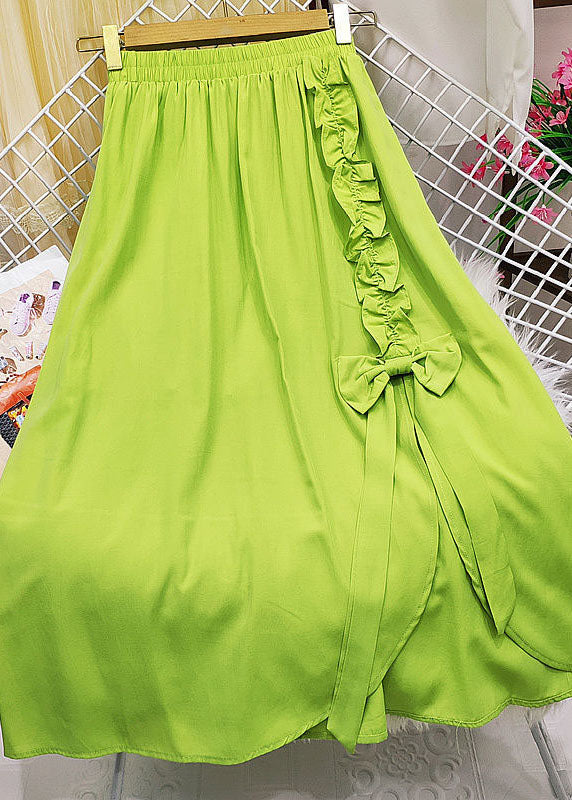 Beautiful Green Elastic Waist Bow Ruffles Side Open Cotton Skirt Summer