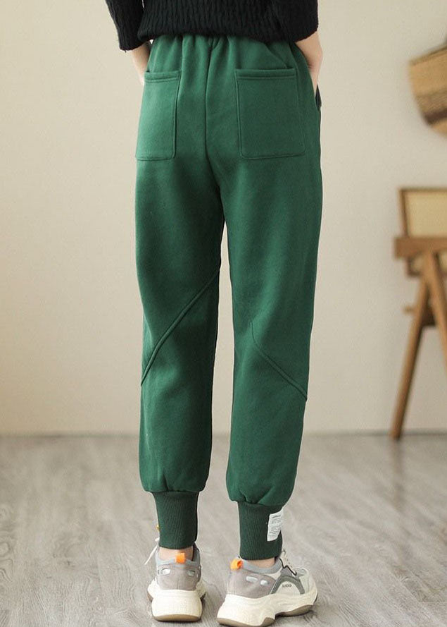 Beautiful Green Elastic Waist Pockets Warm Fleece Pants Winter