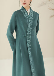 Beautiful Green Embroidered Chinese Button Woolen Trench Coats Winter