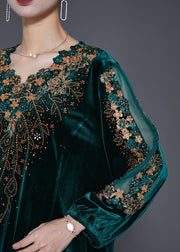 Beautiful Green Embroideried Hollow Out Silk Velour Dress Fall