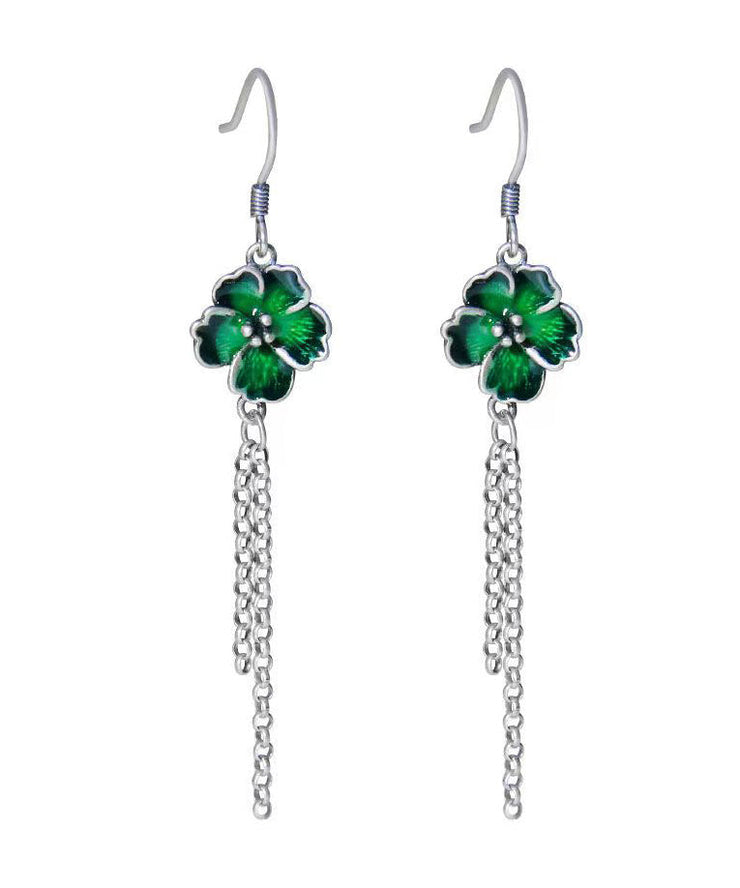 Beautiful Green Floral Tassel Patchwork Silver Drop Earrings