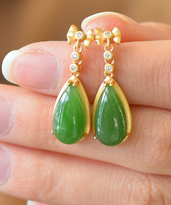 Beautiful Green Hollow Out Sterling Silver Inlaid Hetian Jade Drop Earrings