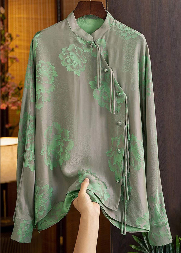 Beautiful Print4 Mandarin Collar Button Print Silk Shirt Top Spring