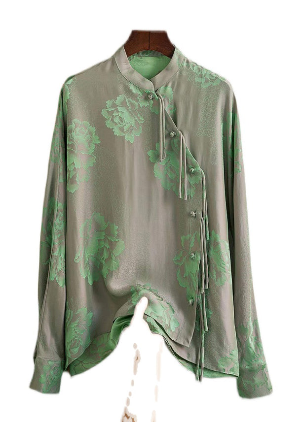 Beautiful Green-Print2 Mandarin Collar Button Print Silk Shirt Top Spring