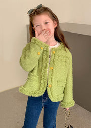 Beautiful Green O Neck Button Patchwork Cotton Girls Coat Fall