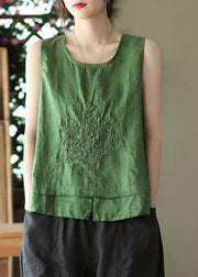 Beautiful Green O-Neck Embroideried Patchwork Side Open Linen Vest Summer