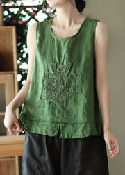 Beautiful Green O-Neck Embroideried Patchwork Side Open Linen Vest Summer