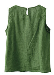 Beautiful Green O-Neck Embroideried Patchwork Side Open Linen Vest Summer