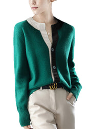 Beautiful Green O-Neck Patchwork Button Wool Knit Cardigans Winter