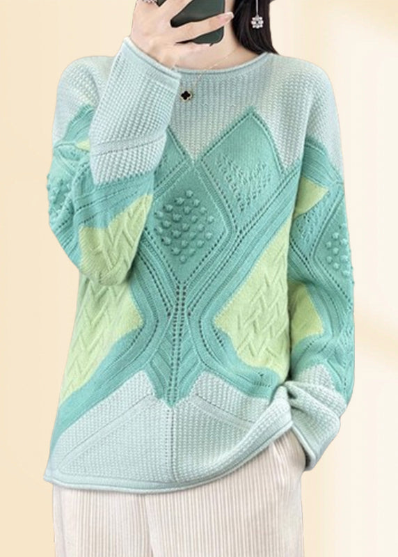 Beautiful Green O-Neck Plaid Cotton Knit Sweaters Fall