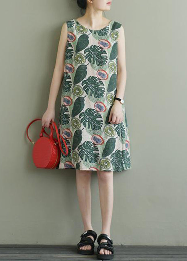 Beautiful Green O-Neck Print Bow Cotton A Line Dress Sleeveless