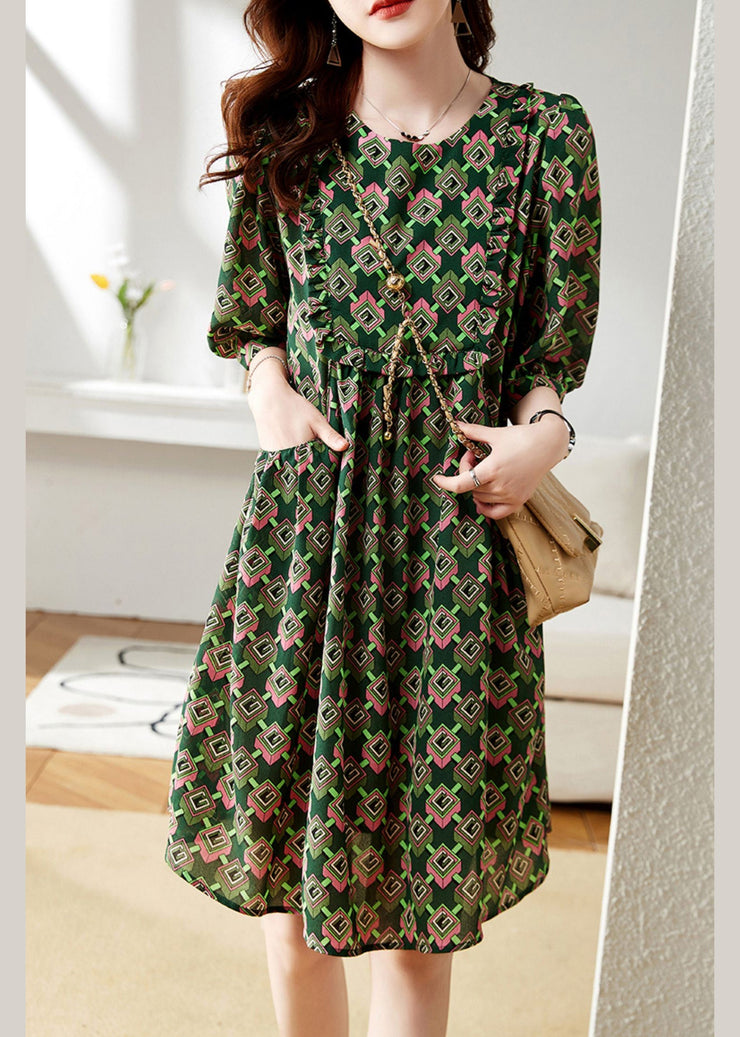 Beautiful Green O-Neck Print Chiffon Maxi Dress Summer