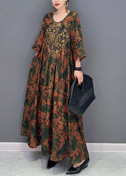 Beautiful Green O Neck Print Patchwork Cotton Maxi Dresses Spring