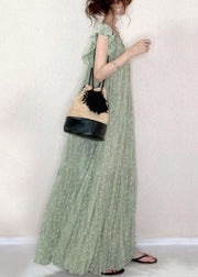 Beautiful Green O-Neck Ruffled Print Holiday Long Dress Summer