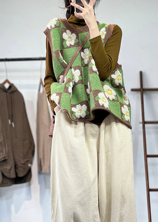 Beautiful Green Oversized Floral Knit Vests Winter