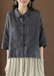 Beautiful blue cashew nuts Peter Pan Collar Pockets Summer Linen top