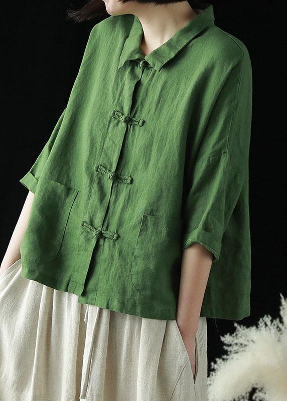 Beautiful Green Peter Pan Collar Pockets Summer Linen top - bagstylebliss