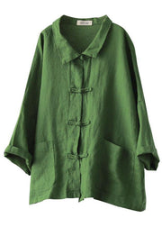 Beautiful Green Peter Pan Collar Pockets Summer Linen top - bagstylebliss