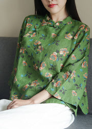 Beautiful Green Print Mandarin Collar Oriental Button Linen Top Spring