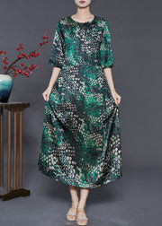 Beautiful Green Print Tie Waist Silk Dress Summer