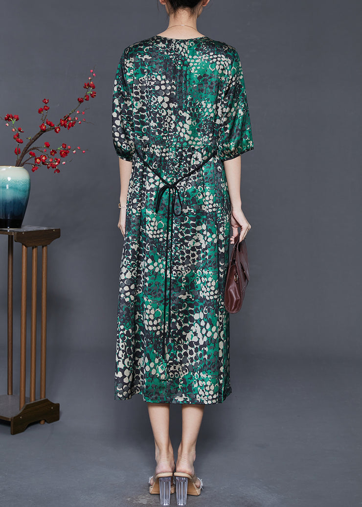 Beautiful Green Print Tie Waist Silk Dress Summer