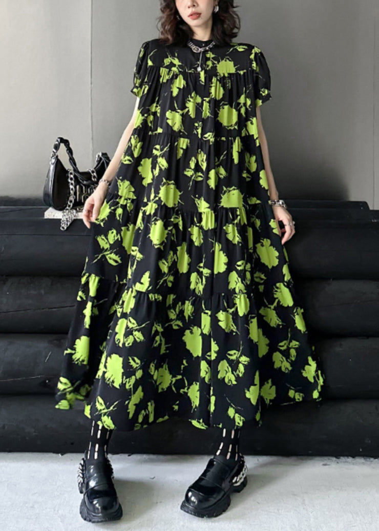 Beautiful Green Print Wrinkled Patchwork Cotton Long Dresses Summer