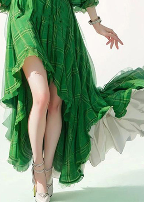 Beautiful Green Ruffled Patchwork Cotton Spaghetti Strap Dresses Flare Sleeve