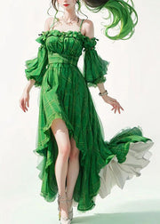 Beautiful Green Ruffled Patchwork Cotton Spaghetti Strap Dresses Flare Sleeve