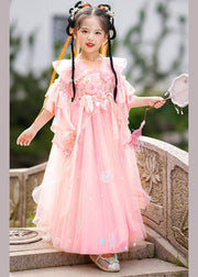 Beautiful Green Ruffled Patchwork Snow Embroideried Tulle Kids Long Dress Summer